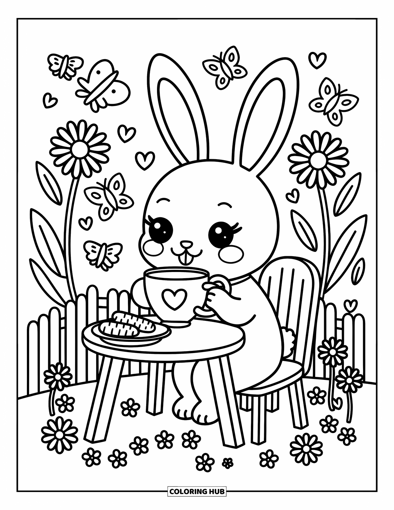 Disegno di un coniglio da colorare per adulti: Un coniglio prende il tè con tazze a forma di cuore e biscotti in un accogliente giardino