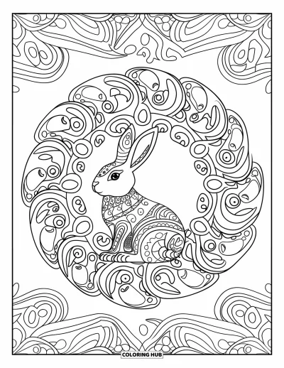 Kaninchen-Ausmalbild für Erwachsene: Ein Kaninchen sitzt im Zentrum eines detailreichen, wirbelnden Mandalas