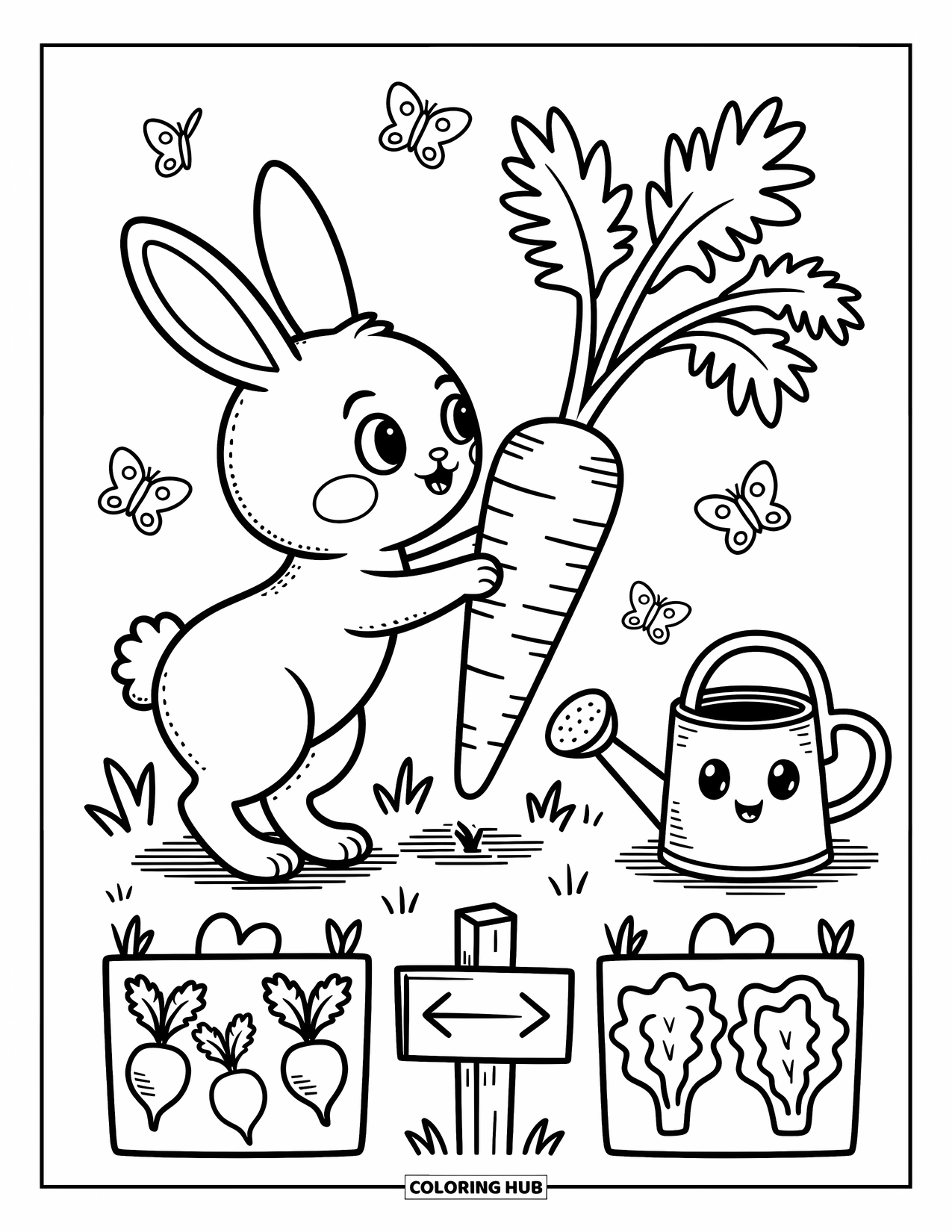 Disegno di un coniglio da colorare per adulti: Un coniglio si alza in punta di piedi in un giardino pieno di verdure divertenti e farfalle