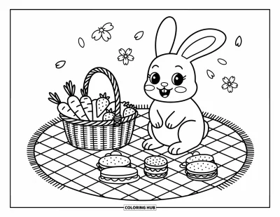 Kaninchen-Ausmalbild für Erwachsene: Ein lächelndes Häschen genießt ein Picknick mit Erdbeeren, Sandwiches und Kirschblüten