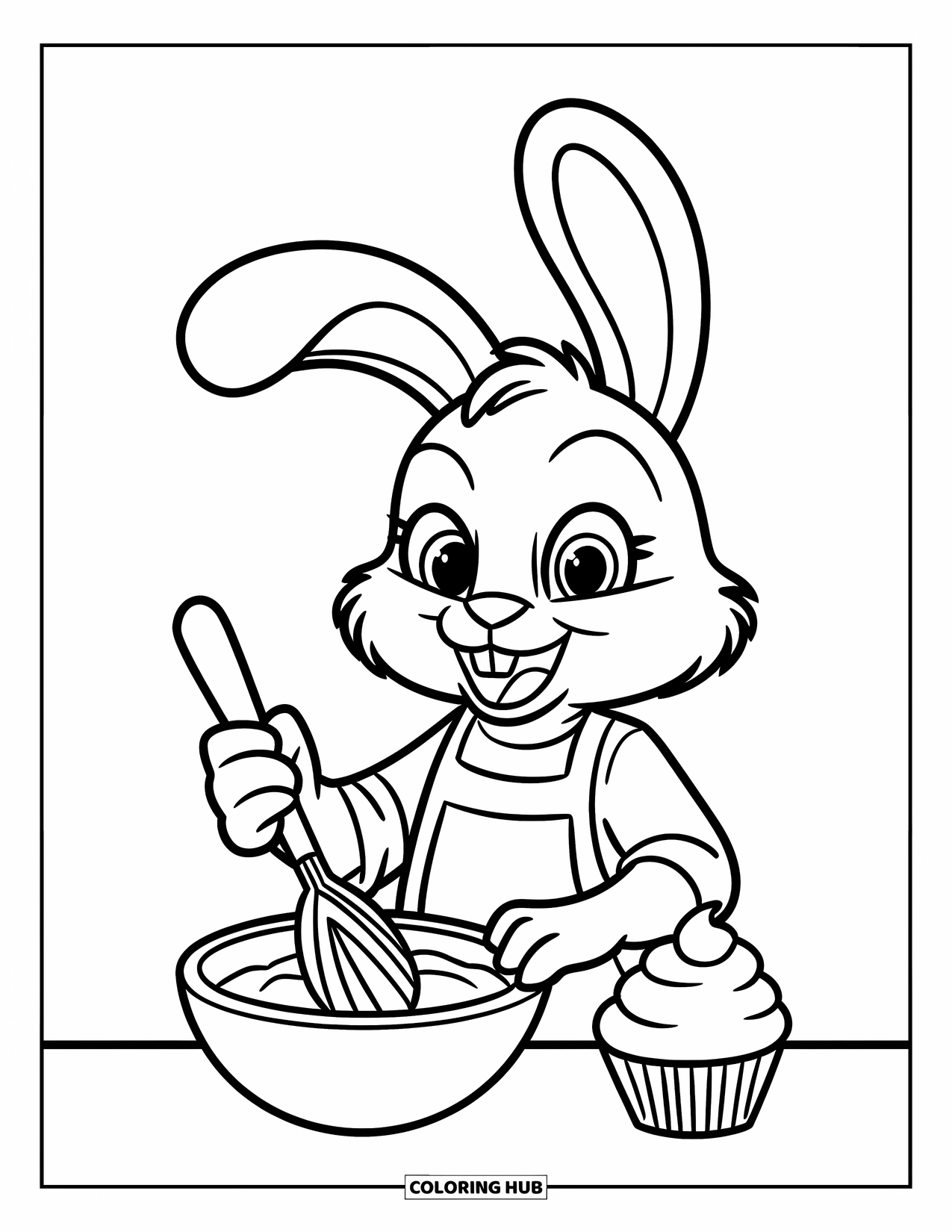 Disegno di coniglio da colorare per bambini: Un coniglietto fornaio mescola la pastella vicino a un cupcake e una ciotola