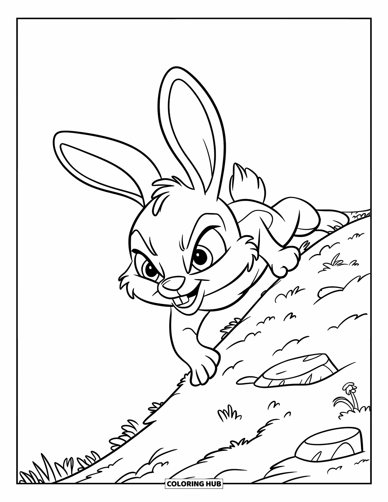 Disegno di coniglio da colorare per bambini: Un coniglio dagli occhi audaci scala una collina rocciosa con piante e spazi aperti