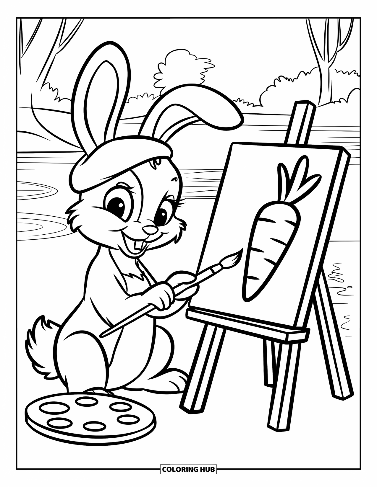 Disegno di coniglio da colorare per bambini: Un coniglietto artista con un berretto dipinge una carota accanto ad alberi e acqua