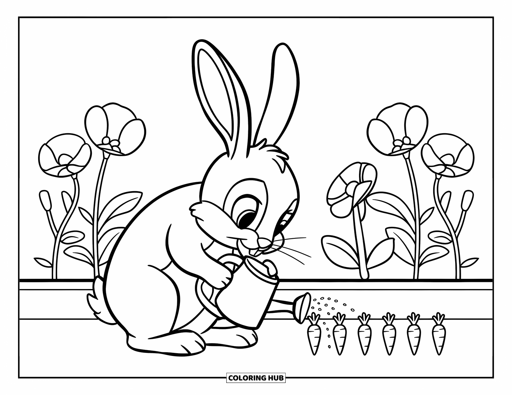 Disegno di coniglio da colorare per bambini: Un coniglietto annaffia con cura le carote in un giardino pieno di fiori