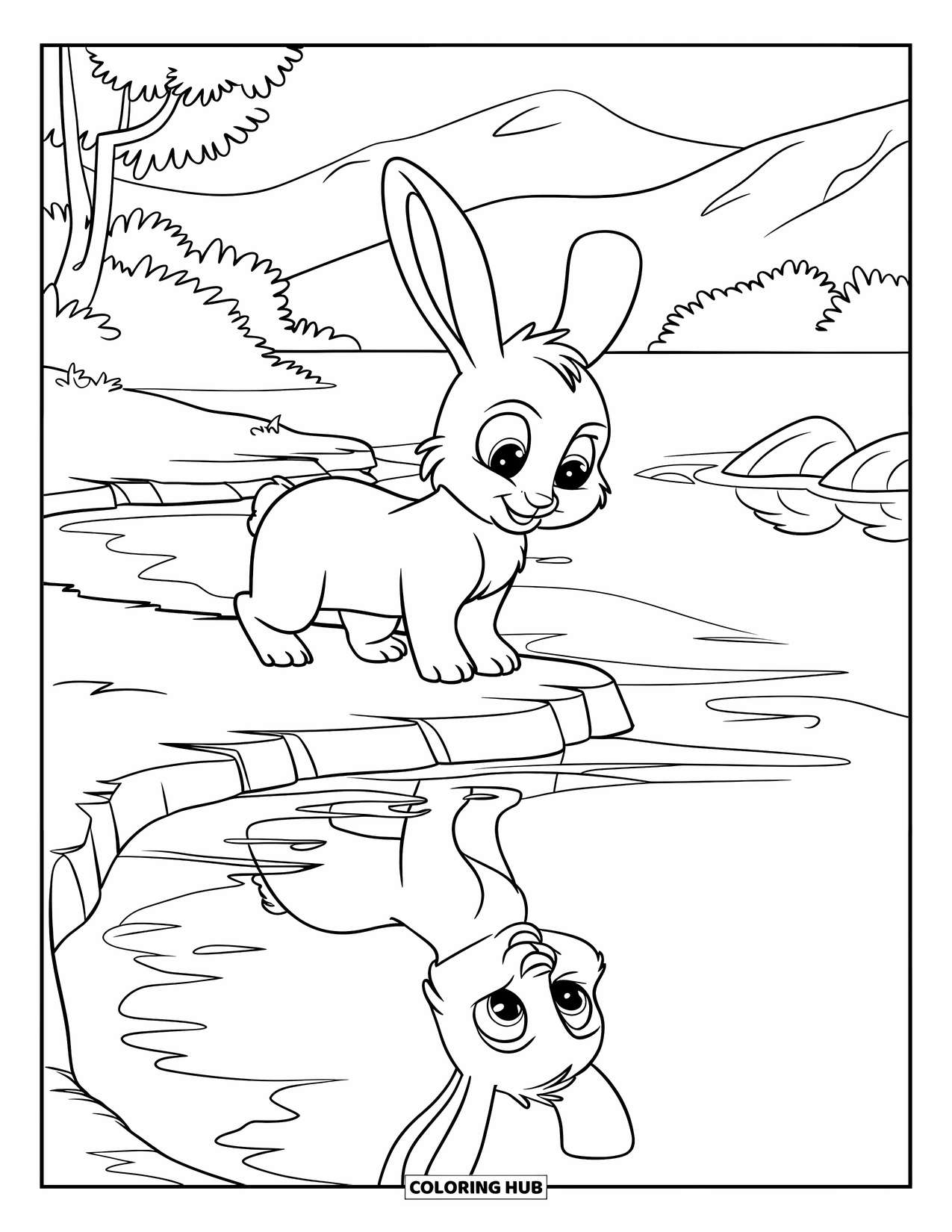 Disegno di coniglio da colorare per bambini: Un coniglietto guarda il suo riflesso mentre è in piedi vicino a un lago calmo