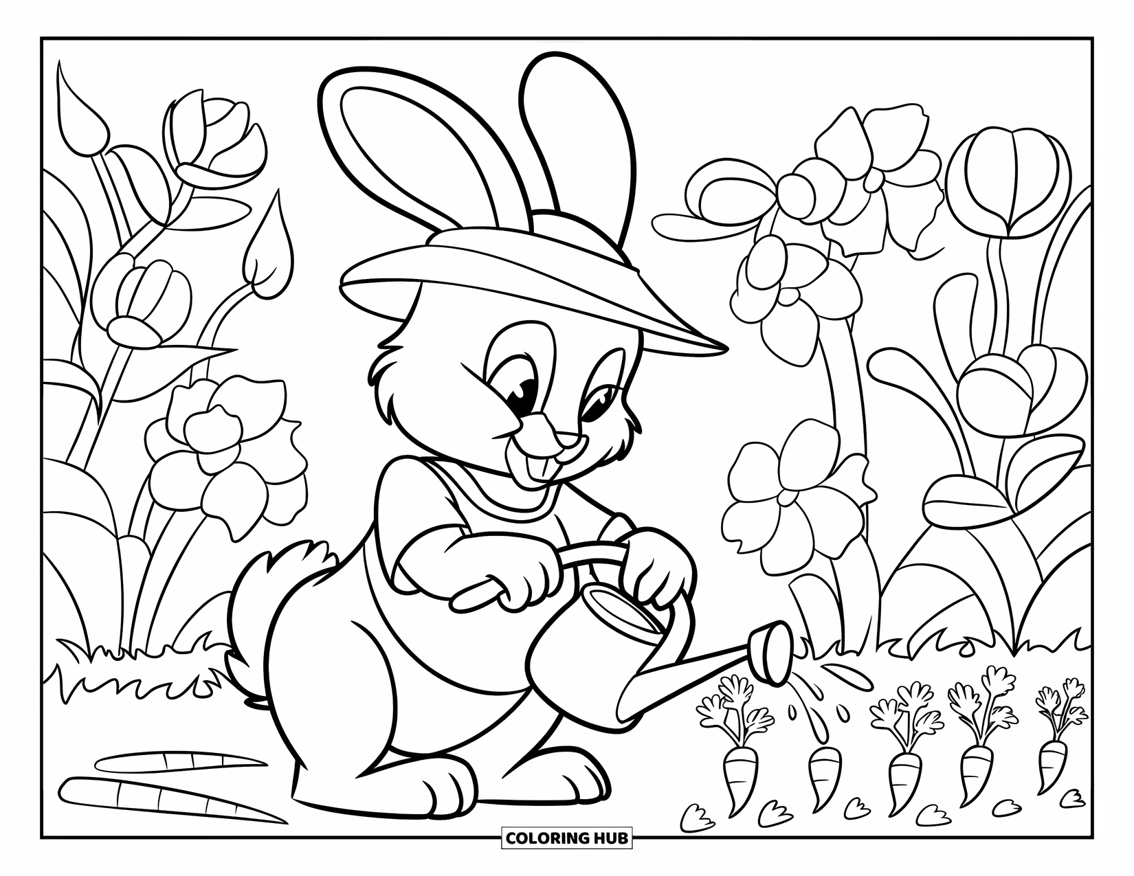 Disegno di coniglio da colorare per bambini: Un coniglietto in tenuta da giardino annaffia le carote accanto a fiori colorati