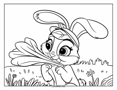 Kaninchen-Ausmalbild für Kinder: Ein Häschen mit Blätterhut knabbert auf einem blumenreichen Feld an einem Gemüse