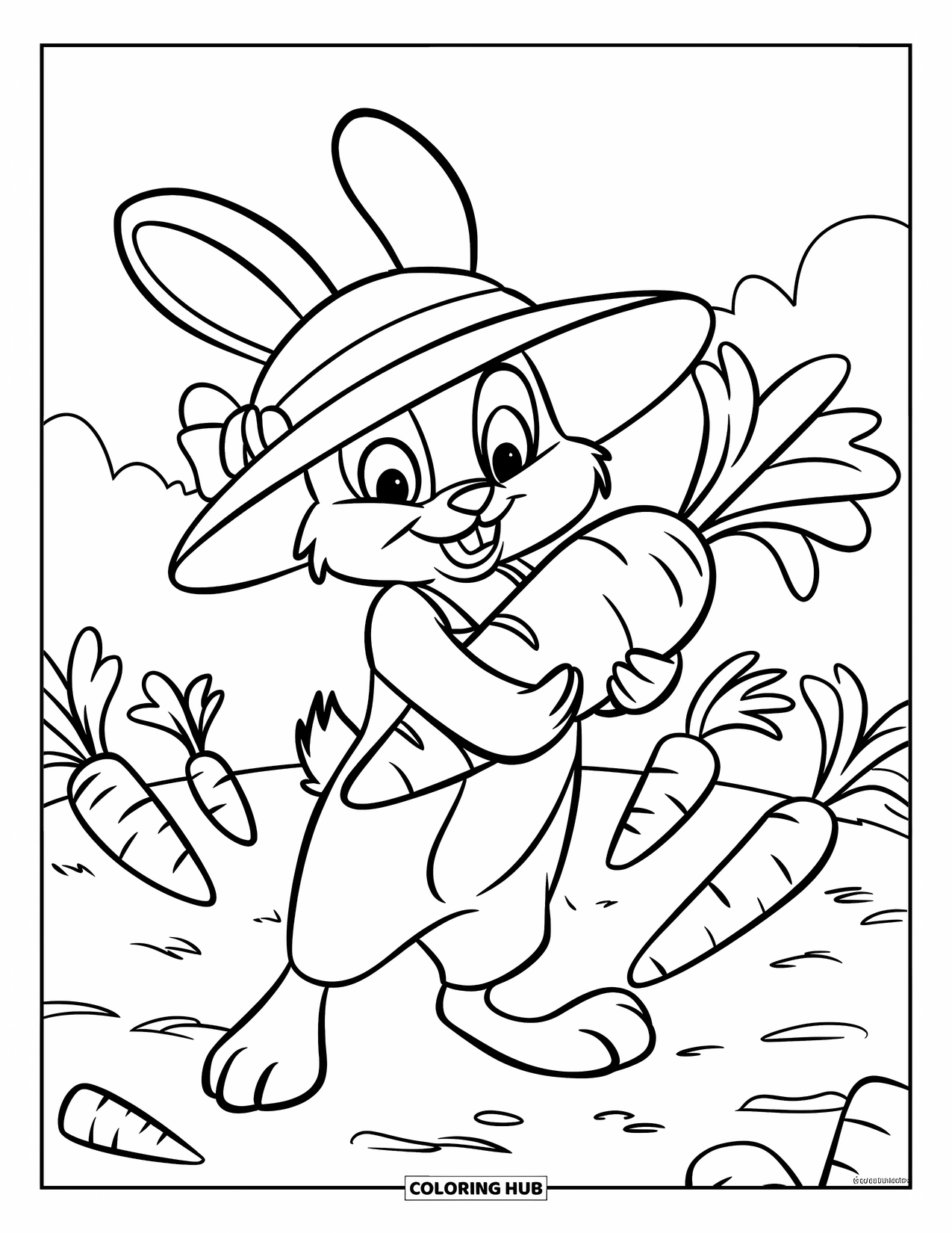 Disegno di coniglio da colorare per bambini: Un coniglietto con un cappello di paglia tiene in mano una carota gigante nel suo giardino