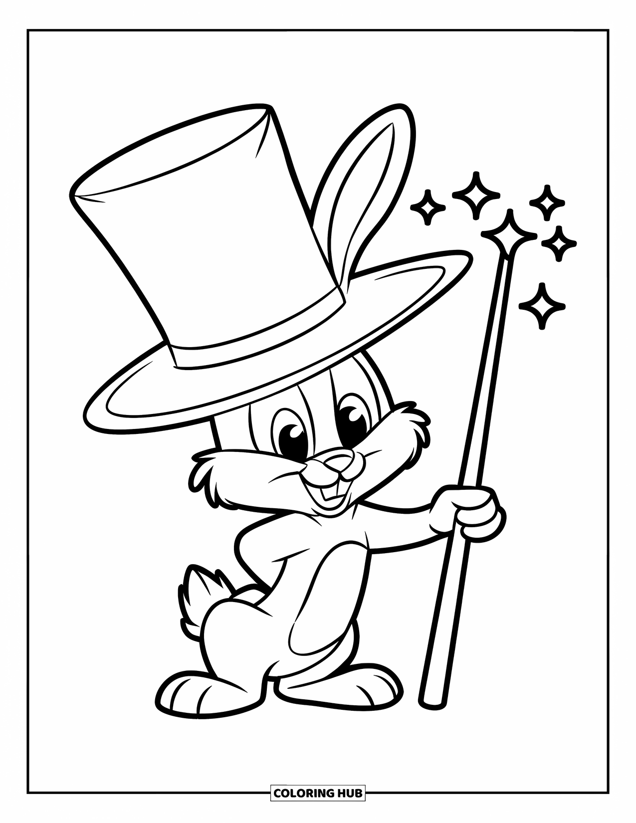 Disegno di coniglio da colorare per bambini: Un coniglietto mago si erge accanto a una bacchetta circondato da scintille