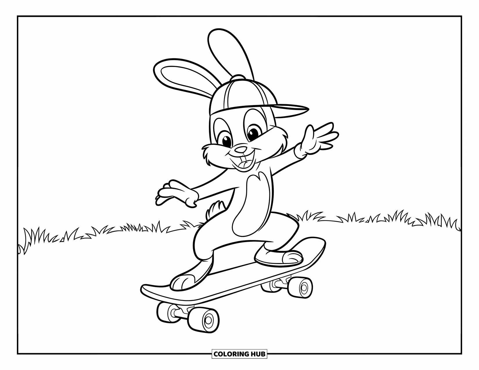 Disegno di coniglio da colorare per bambini: Un coniglietto con un berretto va sullo skateboard gioiosamente attraverso un campo soleggiato