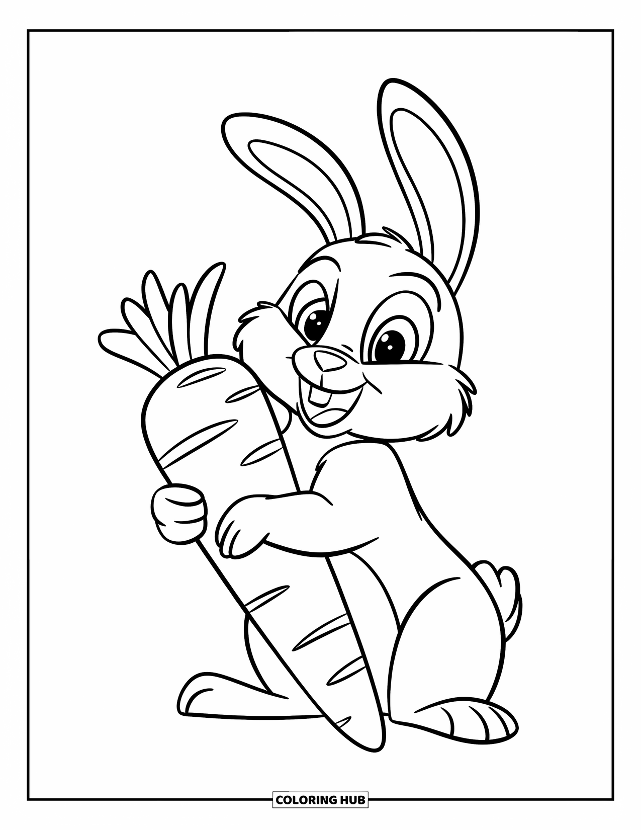 Disegno di coniglio da colorare per bambini: Un coniglietto con le orecchie flosce tiene in mano una grande carota mentre è seduto a terra