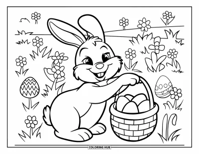Kaninchen-Ausmalbild für Kinder: Ein fröhliches Häschen hüpft mit einem Eierkorb durch eine Wiese mit großen Blumen