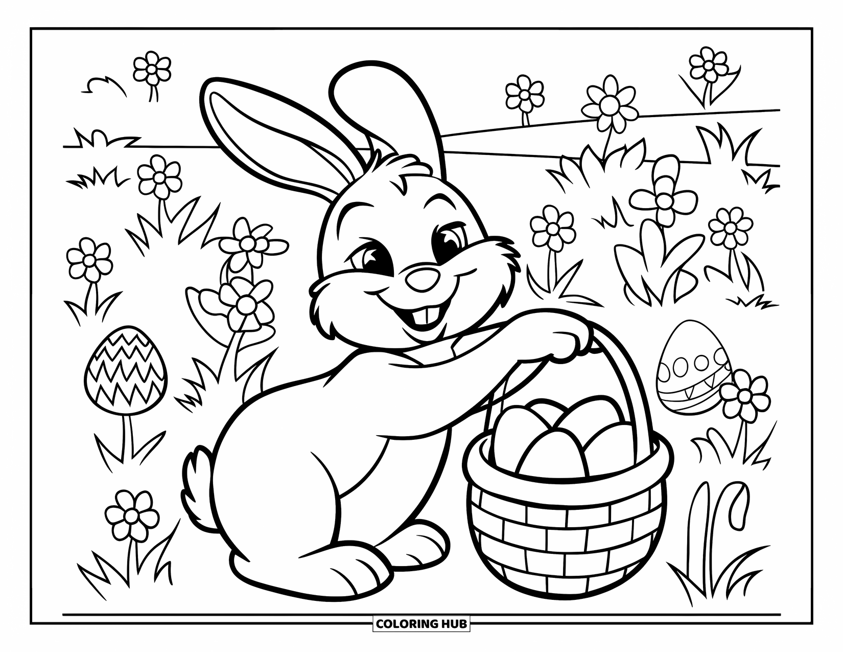 Disegno di coniglio da colorare per bambini: Un allegro coniglietto salta con un cesto di uova attraverso un prato di grandi fiori