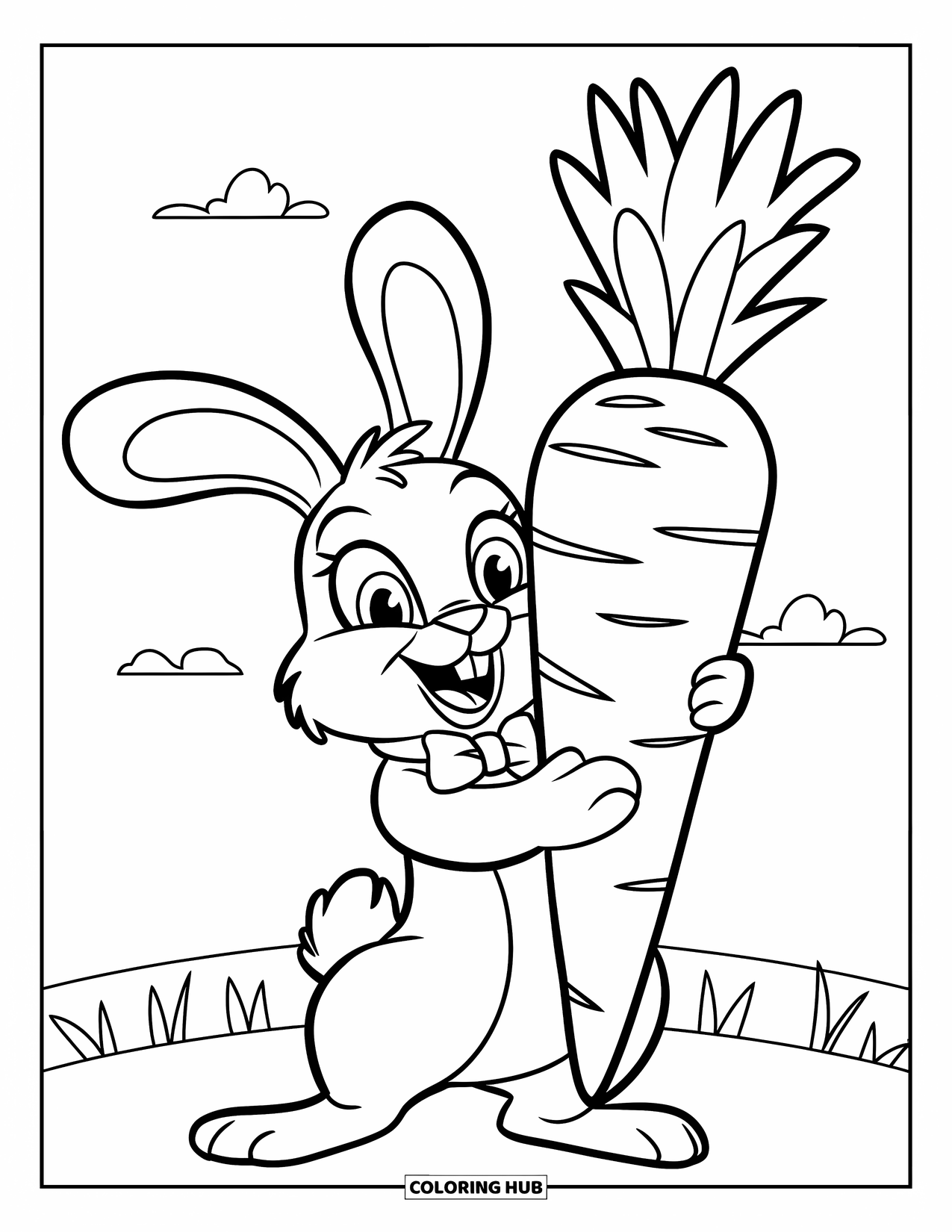 Disegno di coniglio da colorare per bambini: Un allegro coniglietto con un fiocco abbraccia una carota sotto un cielo nuvoloso