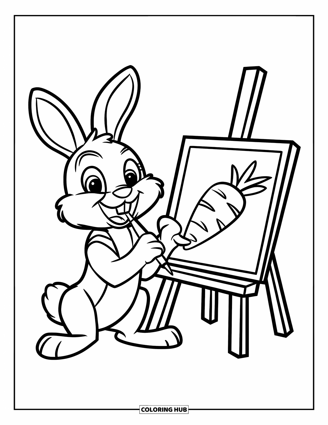Disegno di coniglio da colorare per bambini: Un allegro coniglio dipinge una carota con un pennello accanto a una tela bianca