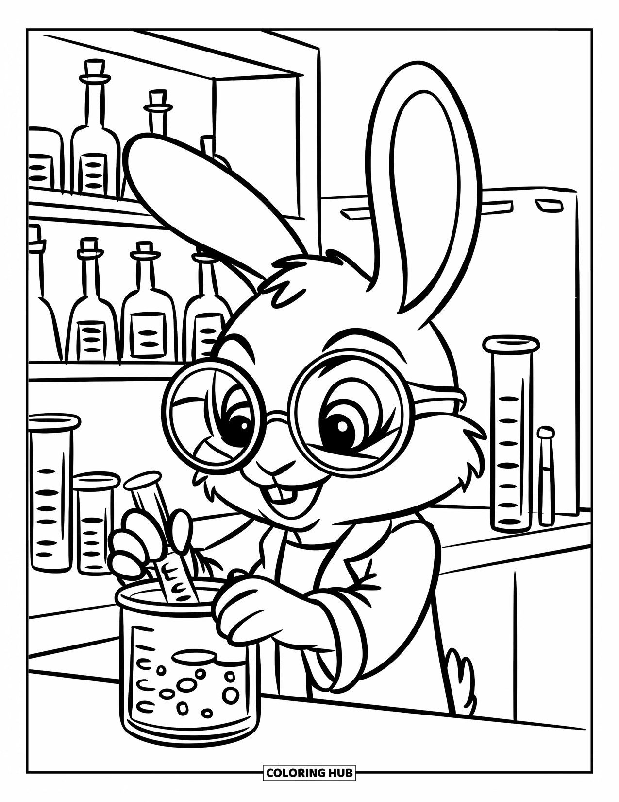 Disegno di coniglio da colorare per bambini: Un coniglio intelligente con un camice da laboratorio mescola pozioni circondato da bottiglie di vetro