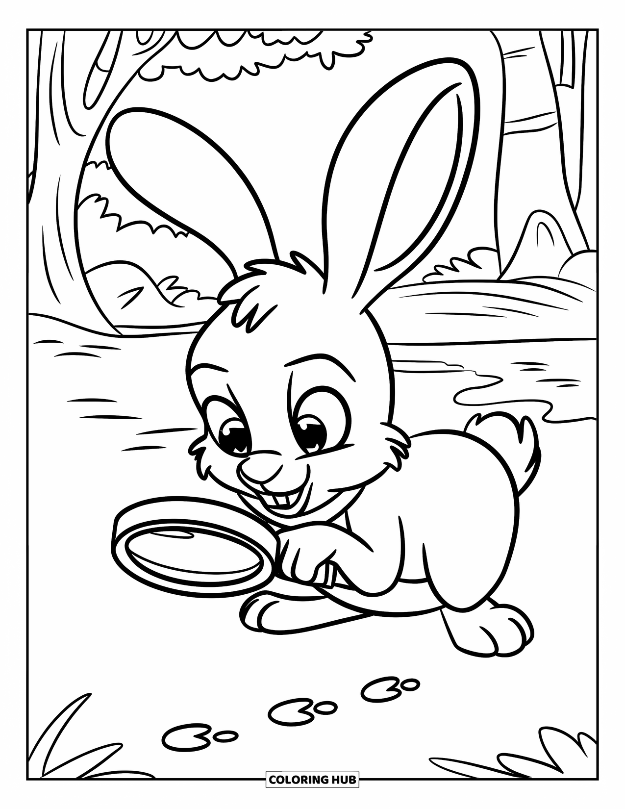 Disegno di coniglio da colorare per bambini: Un coniglio intelligente indaga sulle impronte con una lente d'ingrandimento nella foresta