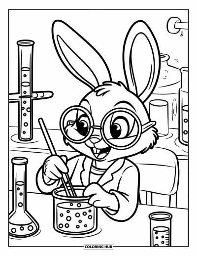 Kaninchen-Ausmalbild für Kinder: Ein neugieriges Kaninchen mit Brille mischt sprudelnde Tränke in einem magischen Labor