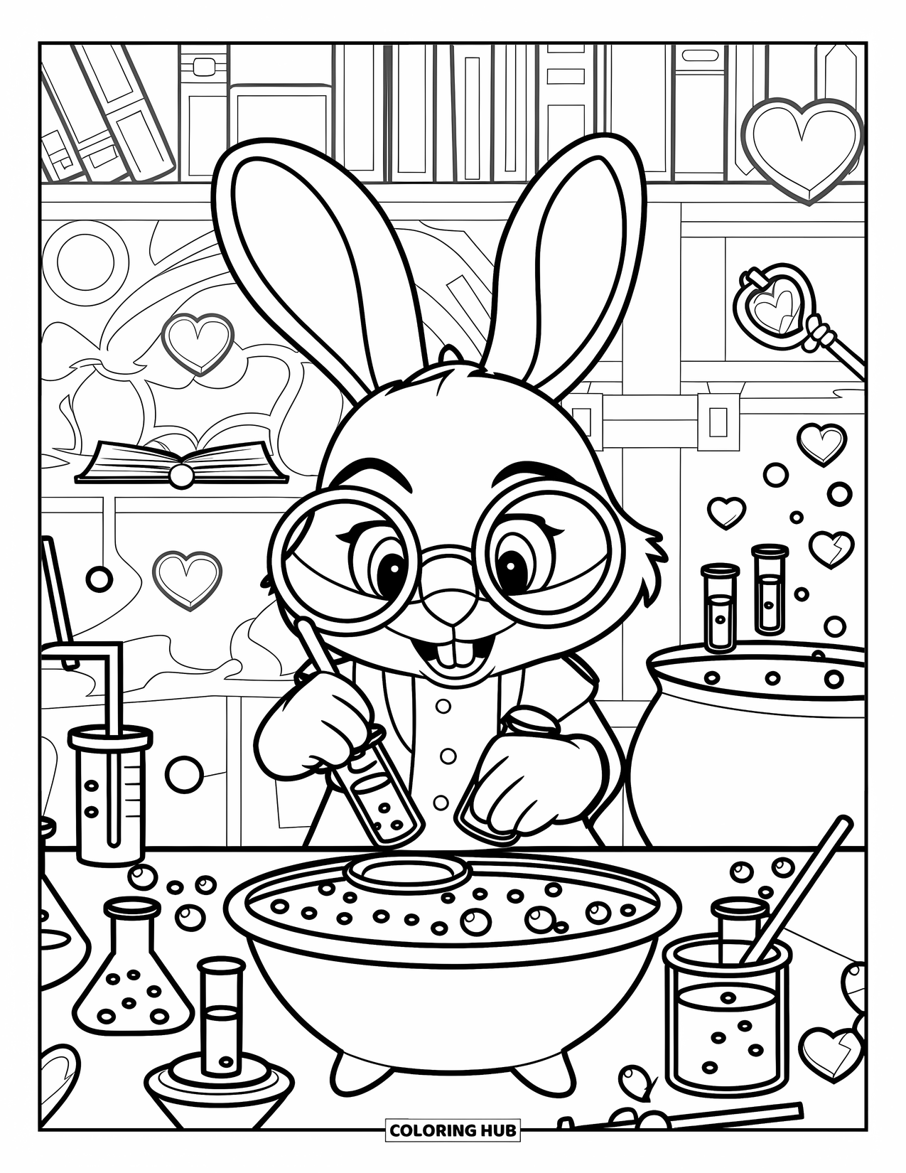 Disegno di coniglio da colorare per bambini: Un curioso coniglio prepara pozioni in un laboratorio con libri, scintille e cuori fluttuanti