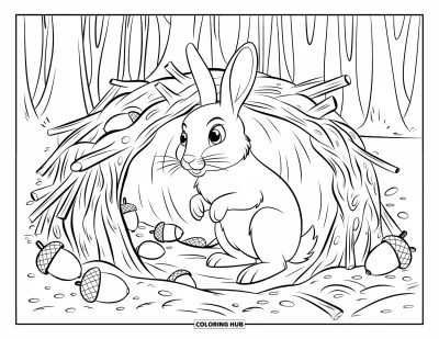 Kaninchen-Ausmalbild für Kinder: Ein neugieriges Kaninchen sitzt aufrecht in einem Bau, umgeben von Bäumen, Zweigen und Eicheln