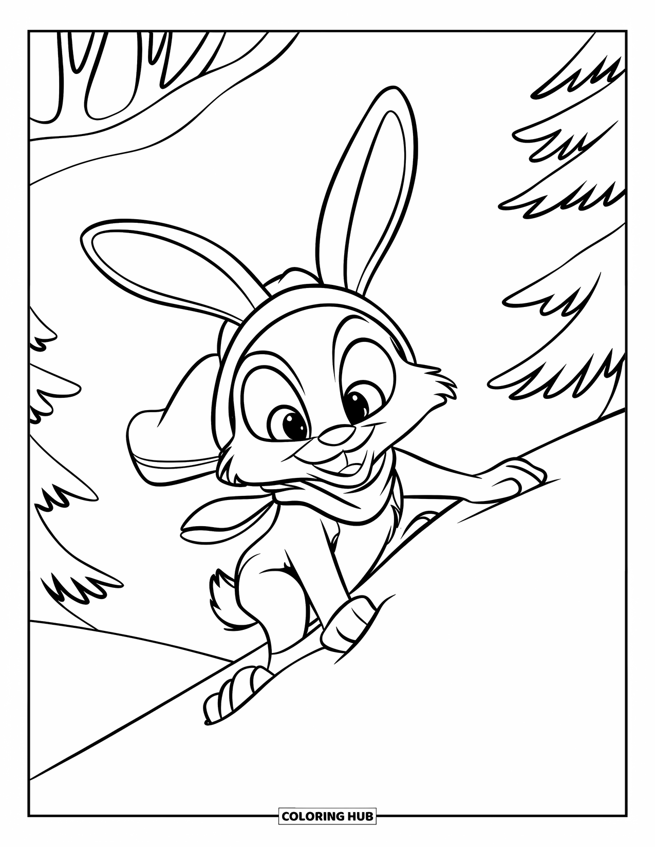 Disegno di coniglio da colorare per bambini: Un coniglio determinato scala una collina innevata con le orecchie alzate