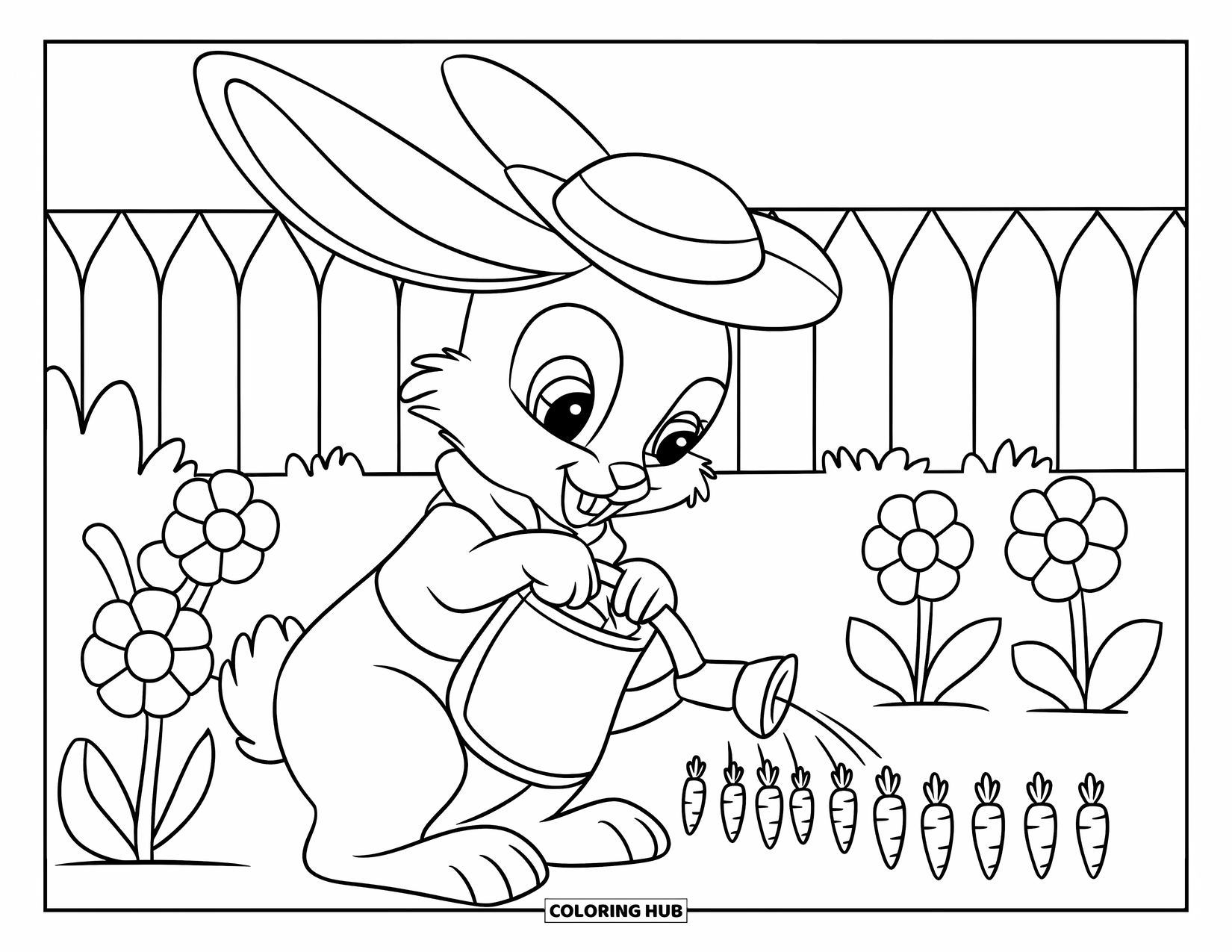 Disegno di coniglio da colorare per bambini: Un coniglietto giardiniere annaffia minuscole carote circondato da fiori in fiore