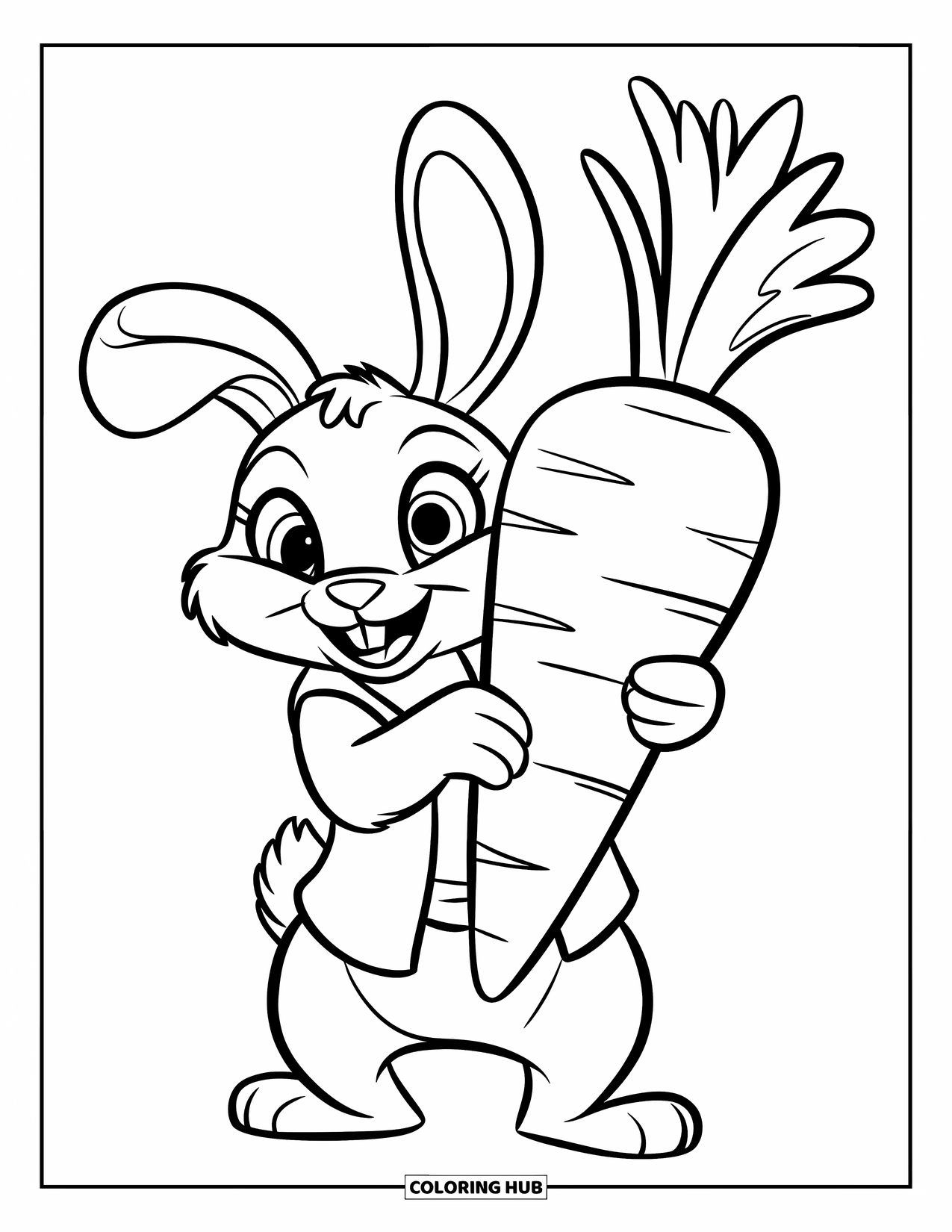 Disegno di coniglio da colorare per bambini: Un coniglietto felice con un gilet tiene in mano un'enorme carota con un sorriso orgoglioso