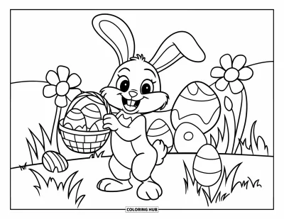 Kaninchen-Ausmalbild für Kinder: Ein glücklicher Osterhase trägt einen Eierkorb durch eine blumenreiche Wiese