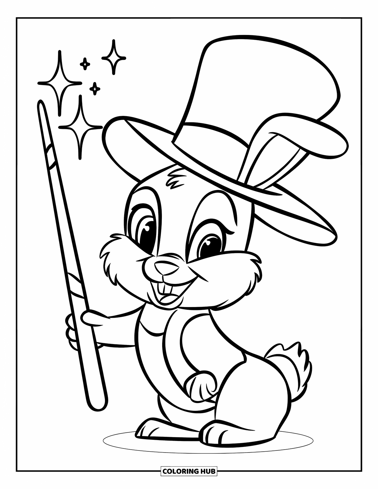 Disegno di coniglio da colorare per bambini: Un coniglio magico posa con una bacchetta scintillante e un cappello stellato