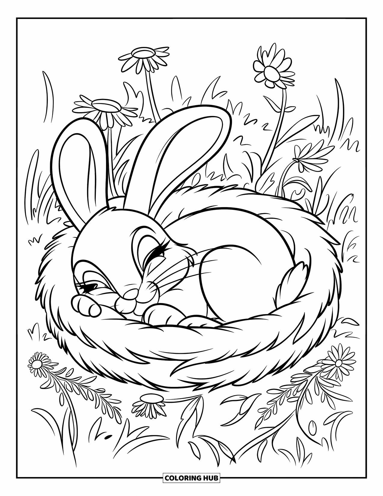 Disegno di coniglio da colorare per bambini: Un coniglietto pacifico dorme in un morbido nido erboso pieno di fiori di campo