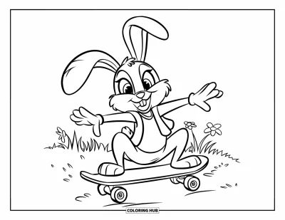 Kaninchen-Ausmalbild für Kinder: Ein verspieltes Kaninchen balanciert auf einem Skateboard in einem Grasfeld