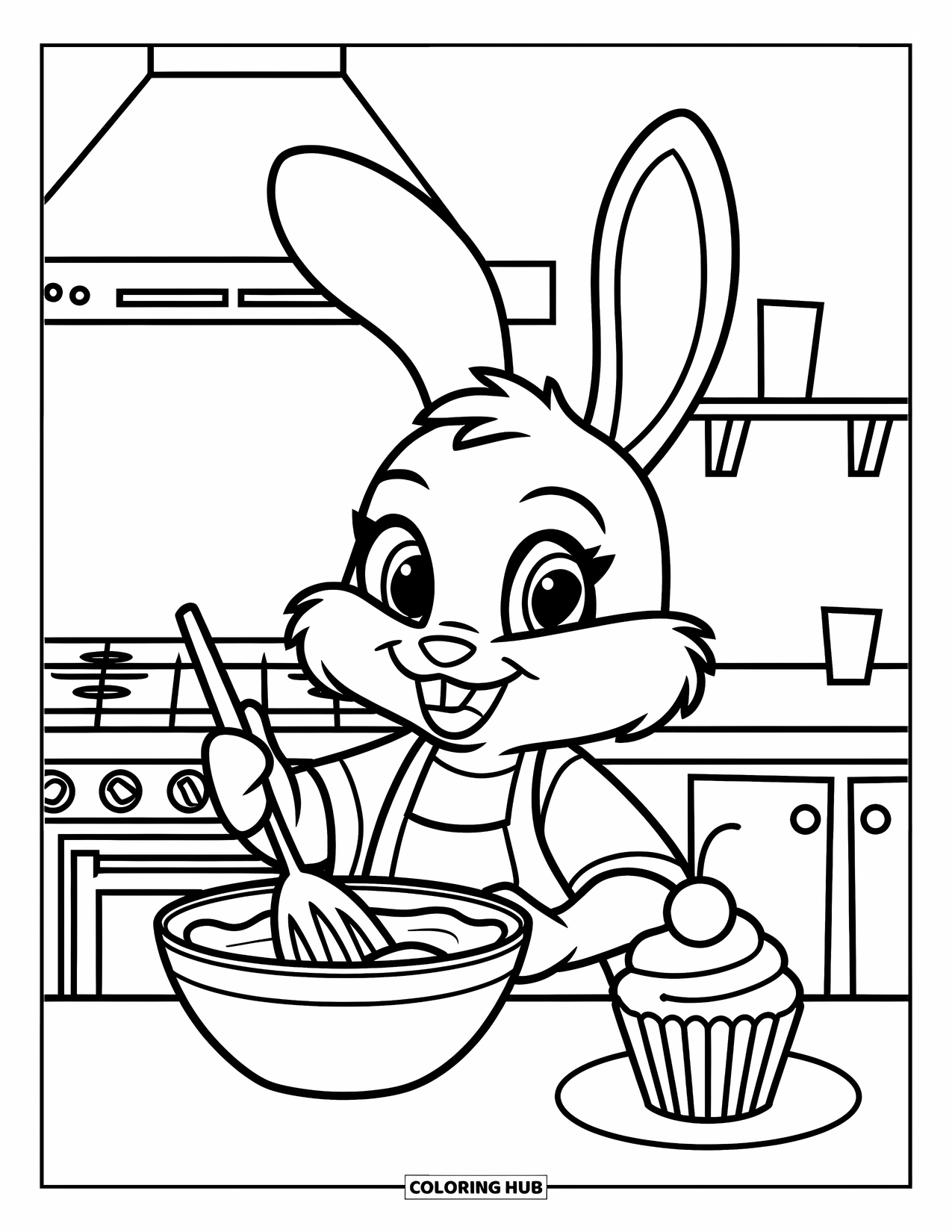 Disegno di coniglio da colorare per bambini: Un coniglio fornaio mescola la pastella in una cucina accogliente con un cupcake nelle vicinanze