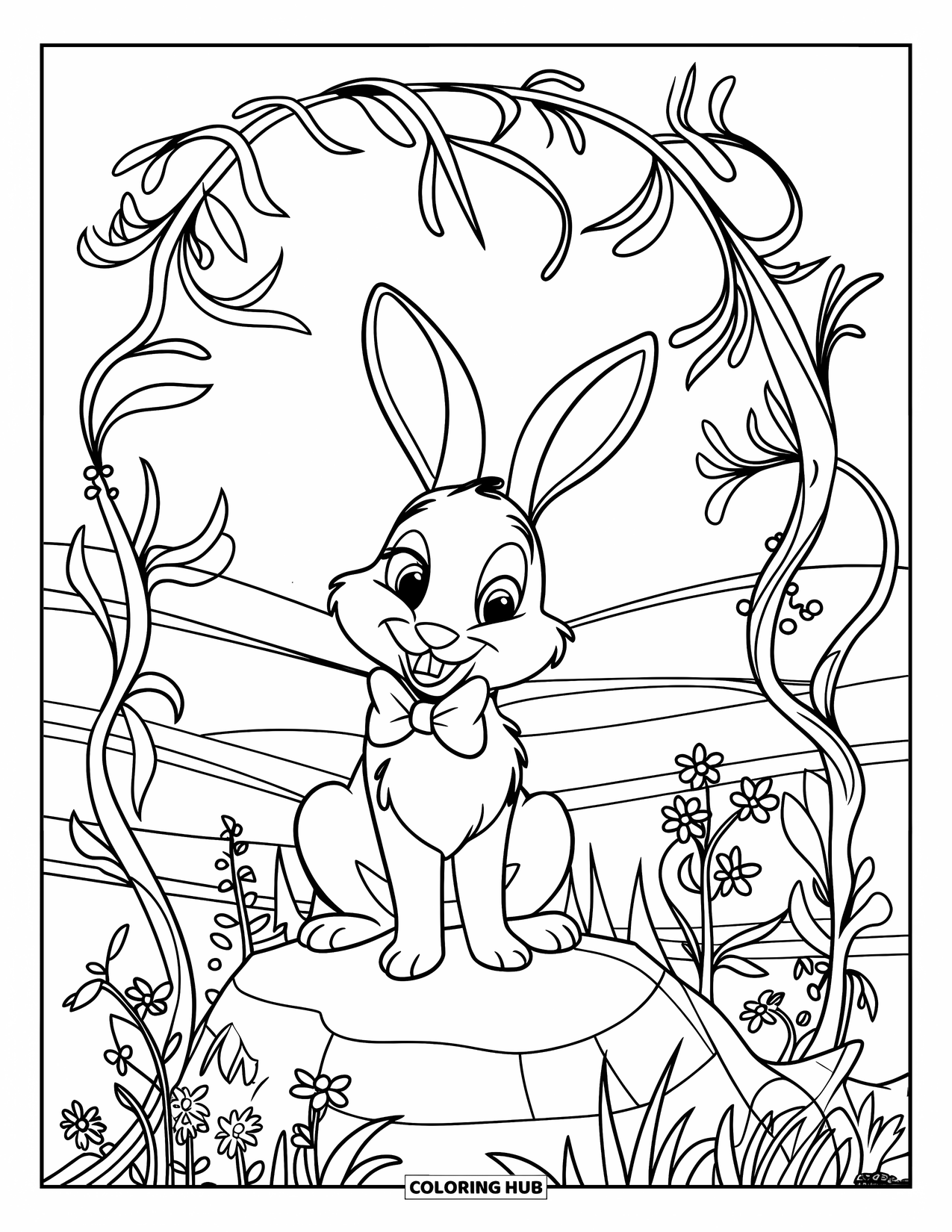 Disegno di coniglio da colorare per bambini: Un coniglio con un papillon siede tra i fiori in una dolce vista collinare