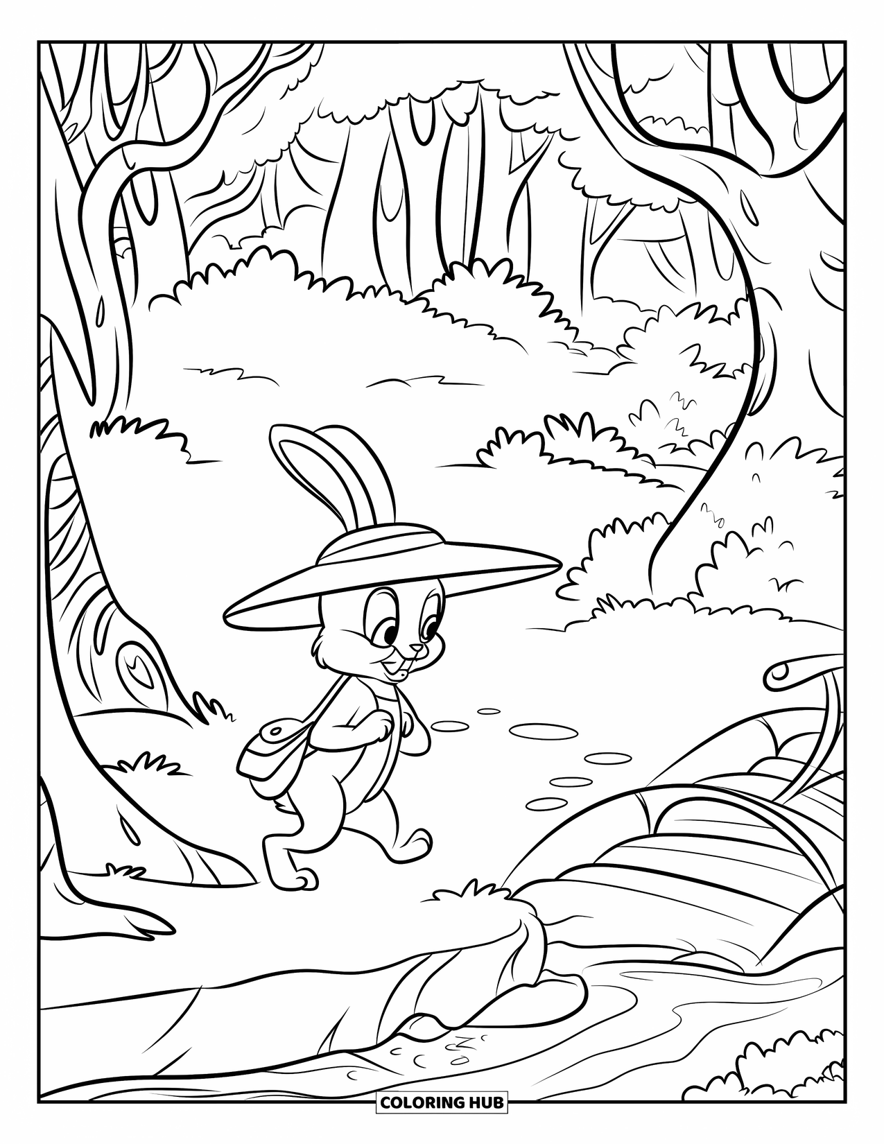 Disegno di coniglio da colorare per bambini: Un coniglio con un cappello a tesa larga cammina accanto ad alberi contorti e un ponte nella foresta