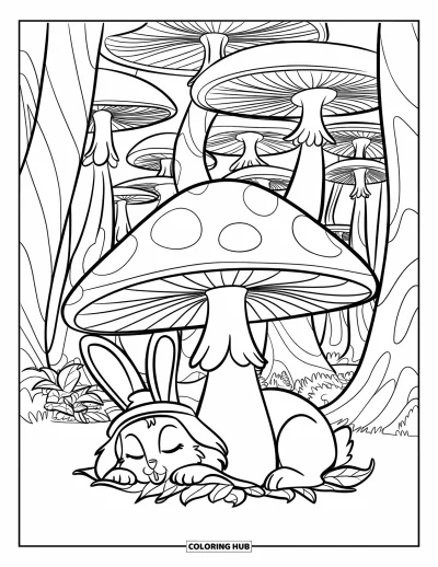Kaninchen-Ausmalbild für Kinder: Ein Kaninchen schläft unter einem Pilz in einem Wald mit spiralförmigen Bäumen voller Charme