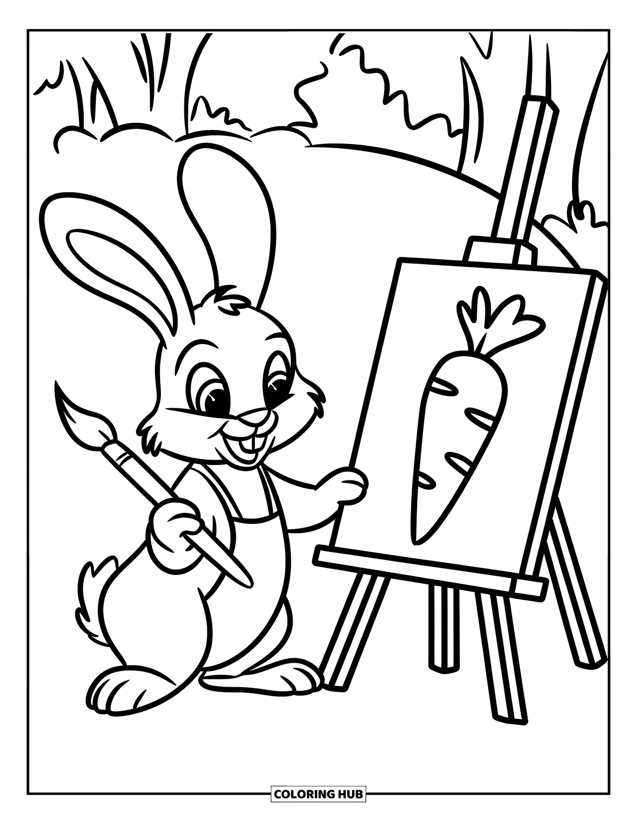 Disegno di coniglio da colorare per bambini: Un coniglio dipinge una carota su un cavalletto in un giardino tranquillo
