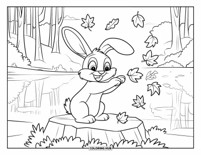 Kaninchen-Ausmalbild für Kinder: Ein Kaninchen spielt mit schwebenden Herbstblättern nahe einem ruhigen See und hohen Bäumen
