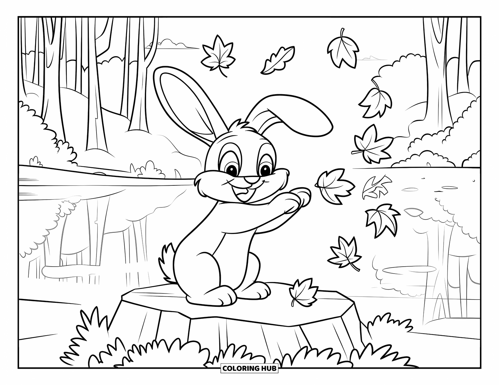 Disegno di coniglio da colorare per bambini: Un coniglio gioca con foglie autunnali fluttuanti vicino a un lago calmo e alberi alti