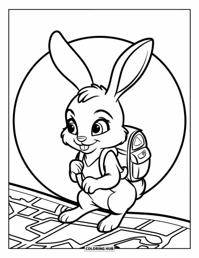 Kaninchen-Ausmalbild für Kinder: Ein Kaninchen mit kleinem Rucksack studiert eine Karte und träumt von Abenteuern