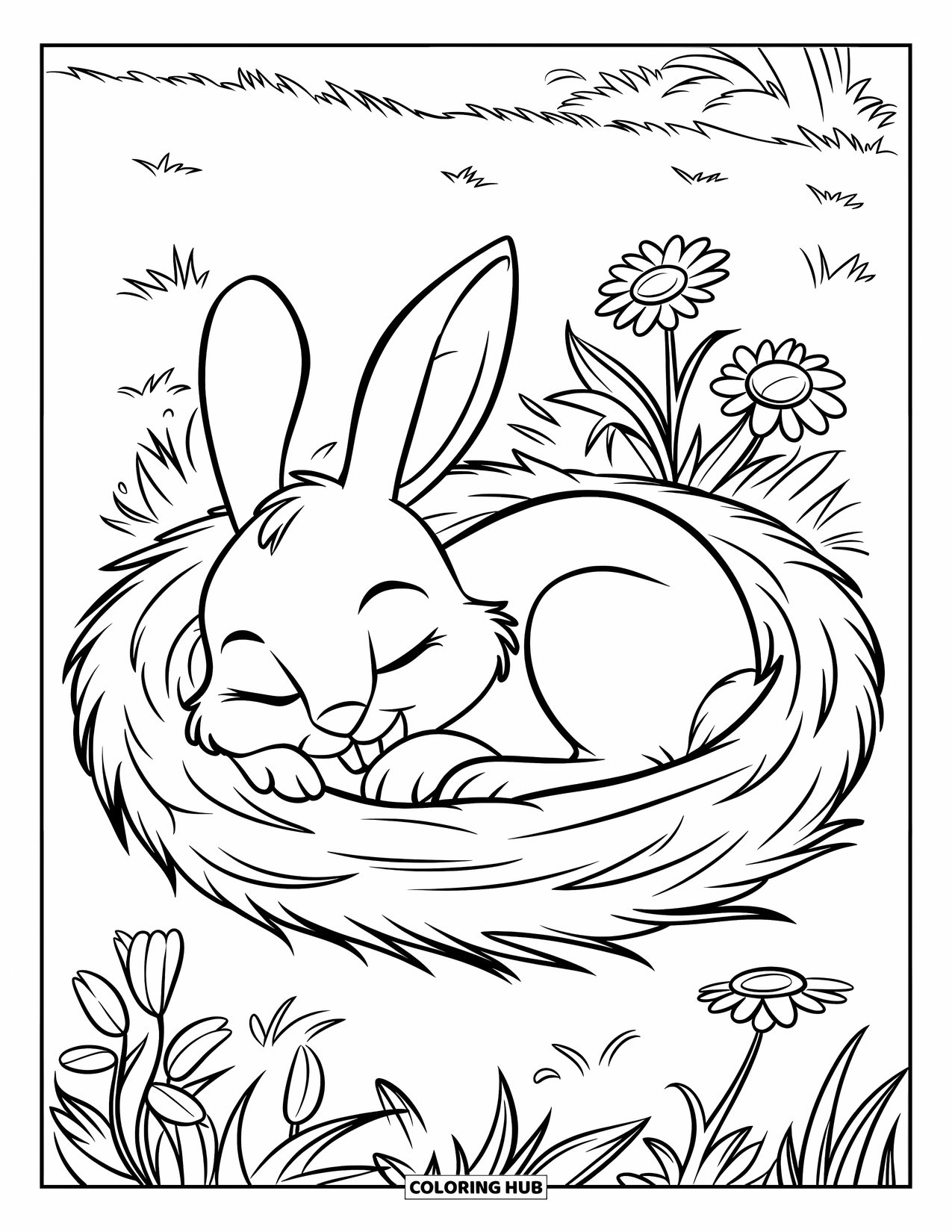 Disegno di coniglio da colorare per bambini: Un coniglietto assonnato si rannicchia in un nido circondato da fiori di campo in fiore