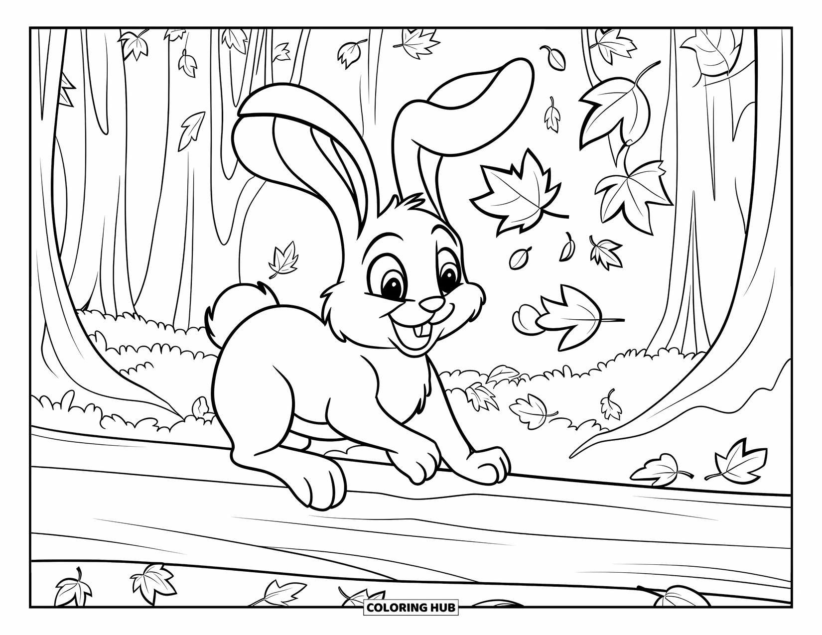 Disegno di coniglio da colorare per bambini: Un coniglio dagli occhi spalancati siede su un tronco, lanciando foglie in una foresta frondosa
