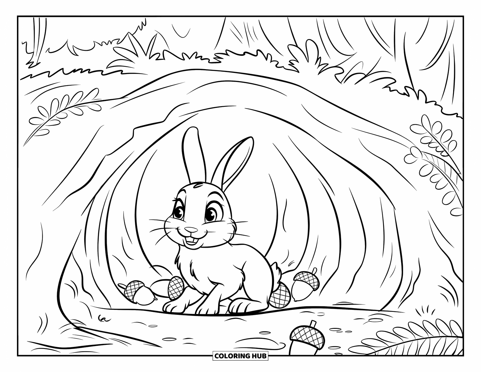 Disegno di coniglio da colorare per bambini: Un coniglio dagli occhi spalancati si siede in una tana nella foresta con ramoscelli e ghiande sparse