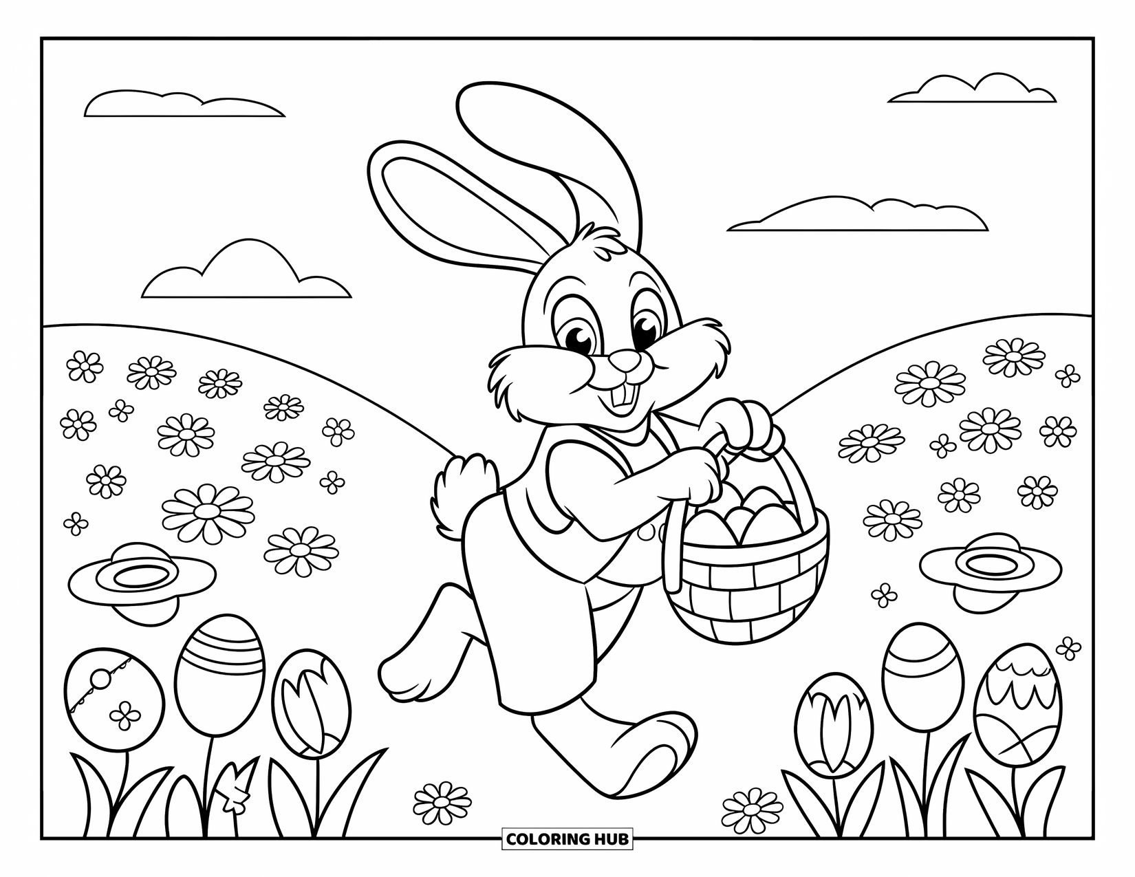Disegno di coniglio da colorare per bambini: Un coniglietto pasquale con un gilet rosso salta con le uova attraverso un colorato prato fiorito