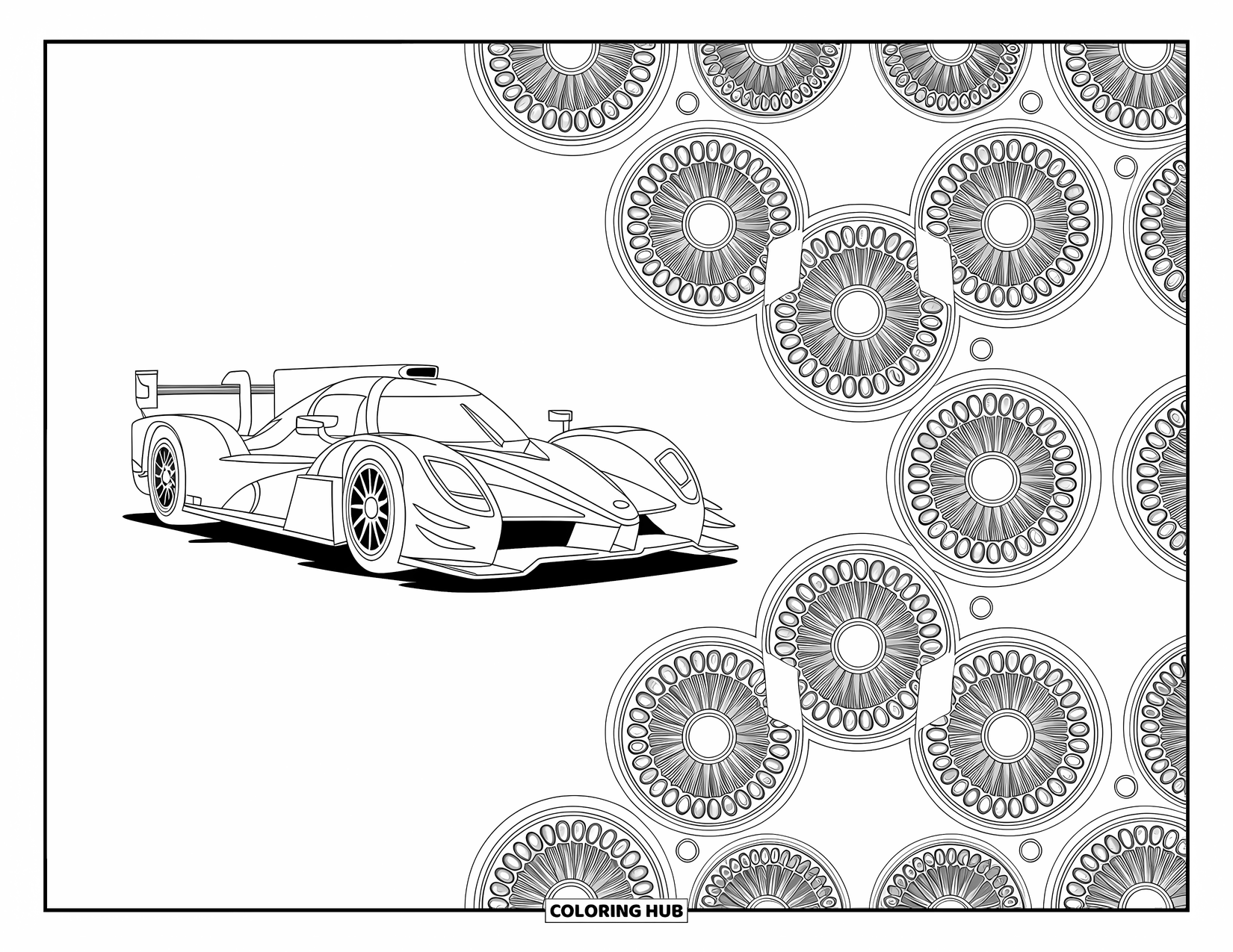 Kleurplaat raceauto voor volwassenen: Een gedurfde raceauto staat in het midden van symmetrische mechanische ontwerpen en vloeiende patronen