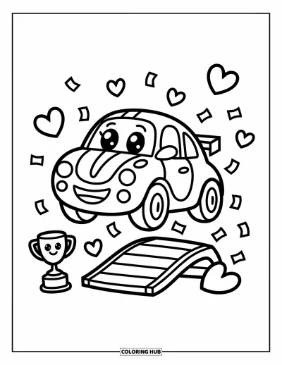 Dibujo de coches de carreras para colorear para adultos: Un coche de carreras alegre salta de una rampa pequeña con confeti cayendo y un trofeo sonriente