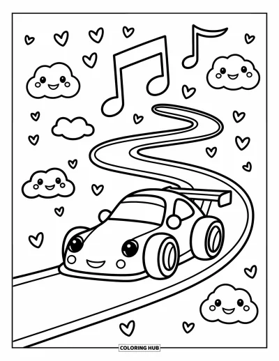 Dibujo de coches de carreras para colorear para adultos: Un coche de carreras alegre da vueltas en una pista retorcida con confeti de corazones y nubes sonrientes