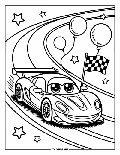 Dibujo de coches de carreras para colorear para adultos: Un coche de carreras alegre acelera por una pista curva con estrellas, globos y una bandera ondeando