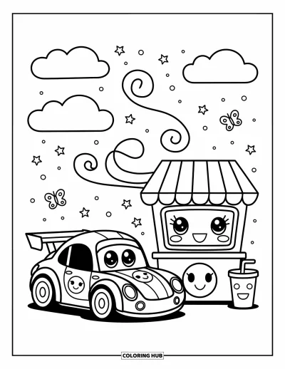 Dibujo de coches de carreras para colorear para adultos: Un coche de carreras alegre con ojos grandes está junto a un puesto de limonada, rodeado de estrellas y mariposas