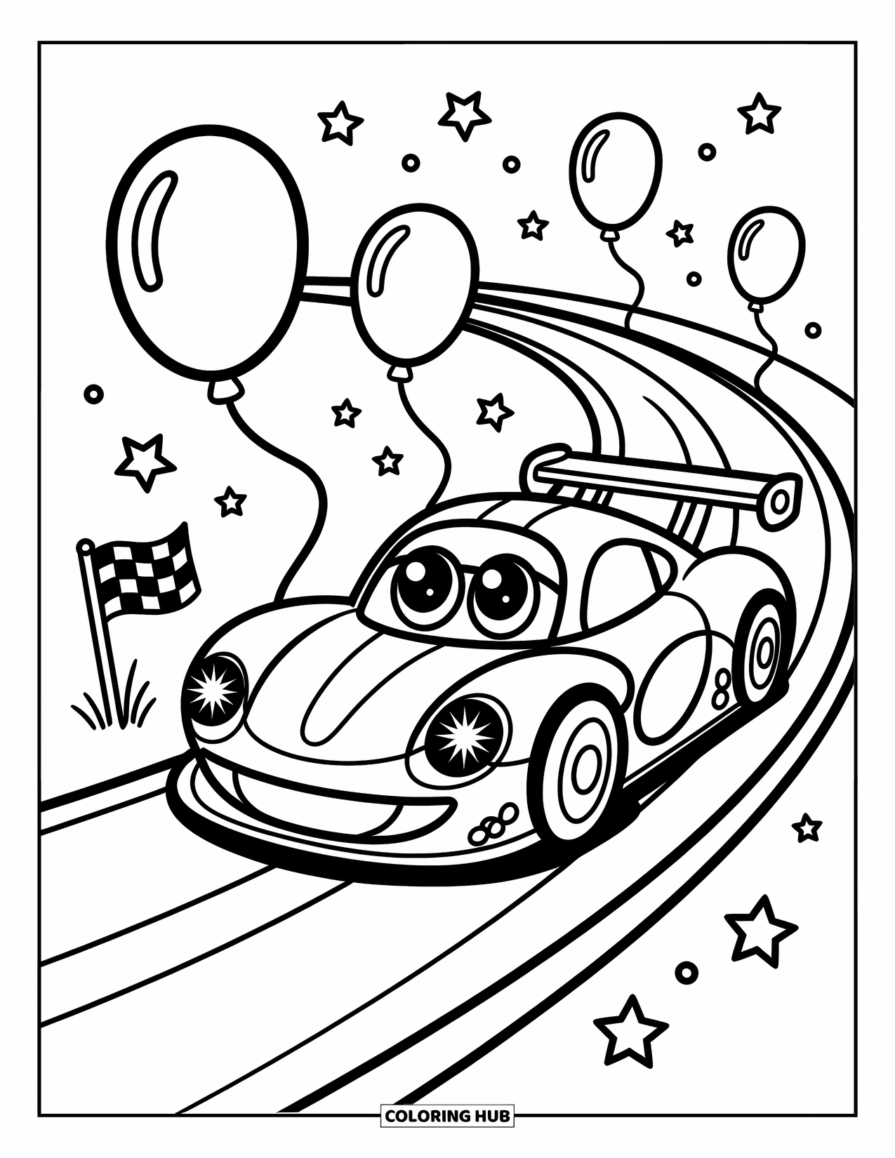 Kleurplaat raceauto voor volwassenen: Een chibi-raceauto met fonkelende ogen zoeft over een bochtig circuit met ballonnen en sterren