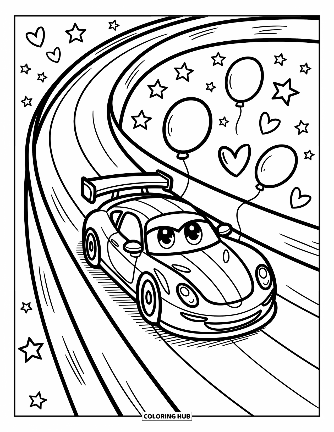 Kleurplaat raceauto voor volwassenen: Een chibi-raceauto zoomt van een spiraalvormige glijbaan met wervelende sterren en juichende ballonnen